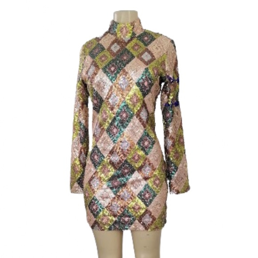 Aztec Sequin High Neck Mini Dress